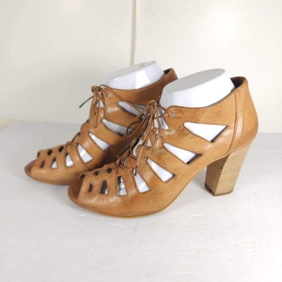 Paul Green Women's Jansen US8,5 AU6 Leather cuoio Lace-Up Block Heel Sandal - Picture 1 of 15